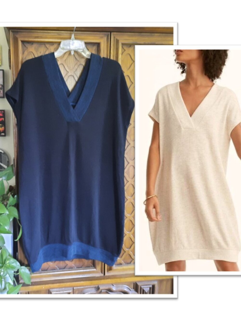 Lou & Grey V-Neck Slouchy Cocoon Sweater Dress - Black/Teal, Size M